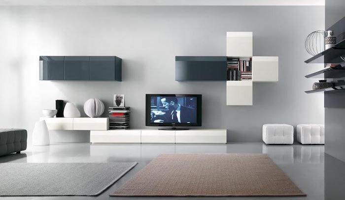panel ścienny tv szary biały i niebieski kolory na ścianę pomysły ścienne białe szuflady półki wystrój