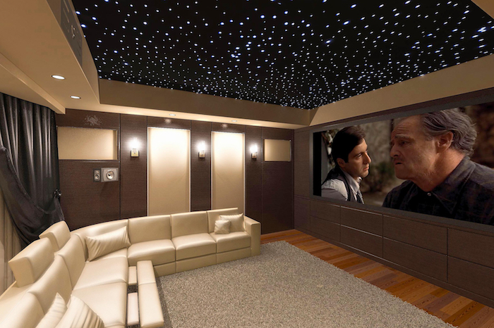 ściany szafy dekoracja dachu pokój kosmos projekt kosmos jak wszechświat w pokoju duży ekran monitora tv biała sofa skórzana sofa