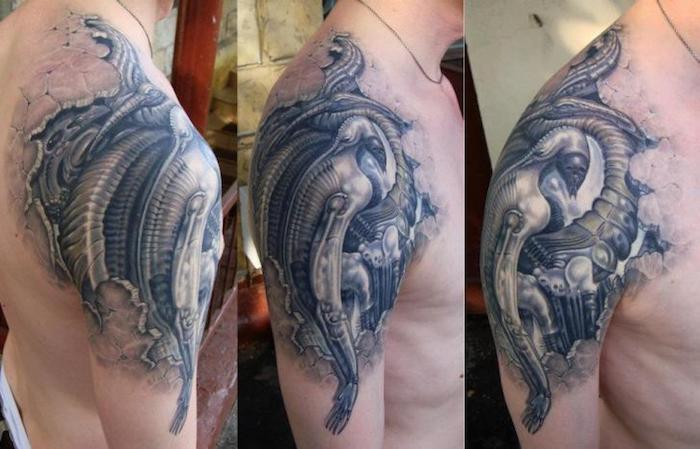 ramena tetovaža v črni in sivi barvi, velika tridimenzionalna tetovaža