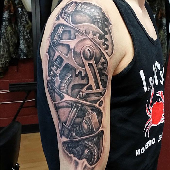 ramena tetovaža v 3d videz, 3d tetovaža v črni in sivi barvi