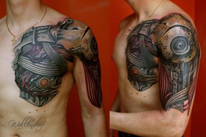 schouder tatoeage, man met biomechanische tatoeage op de bovenarm en borst
