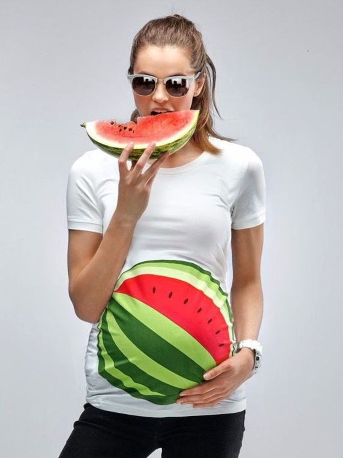 nosečnost, smešno srajco z lubenicami, bela, kratka majica