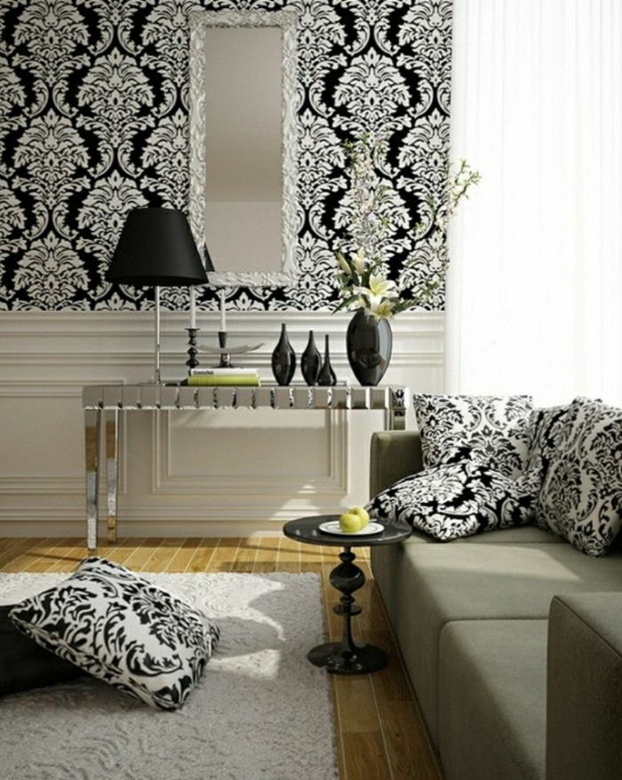 preto e branco Pillow papel de parede barroco