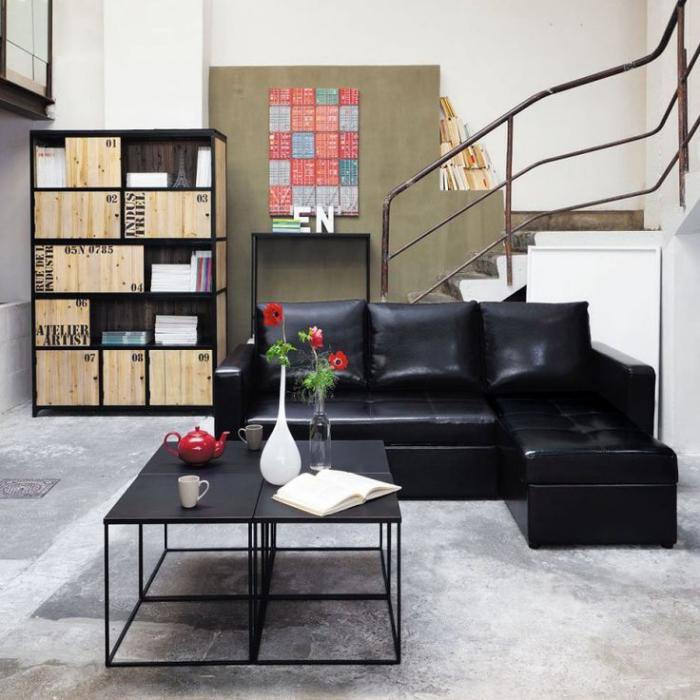 Svarta möbler skinnsoffa soffbord-med-square-form