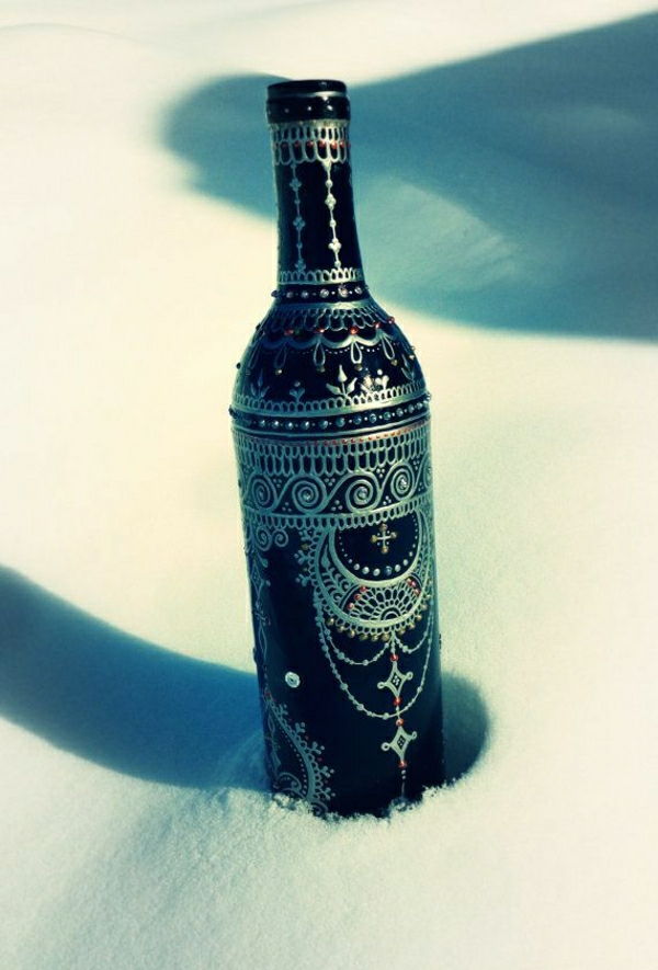 Elegante wijnfles Henna Mehndi Zilveren decoratiesneeuw