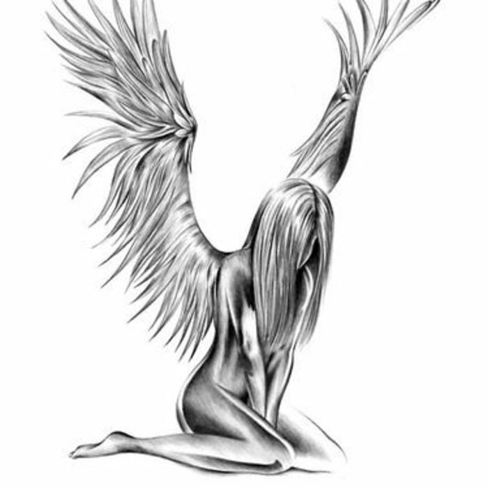 een fantastische zwarte tattoo - hier is een trieste engel met witte engelenvleugels