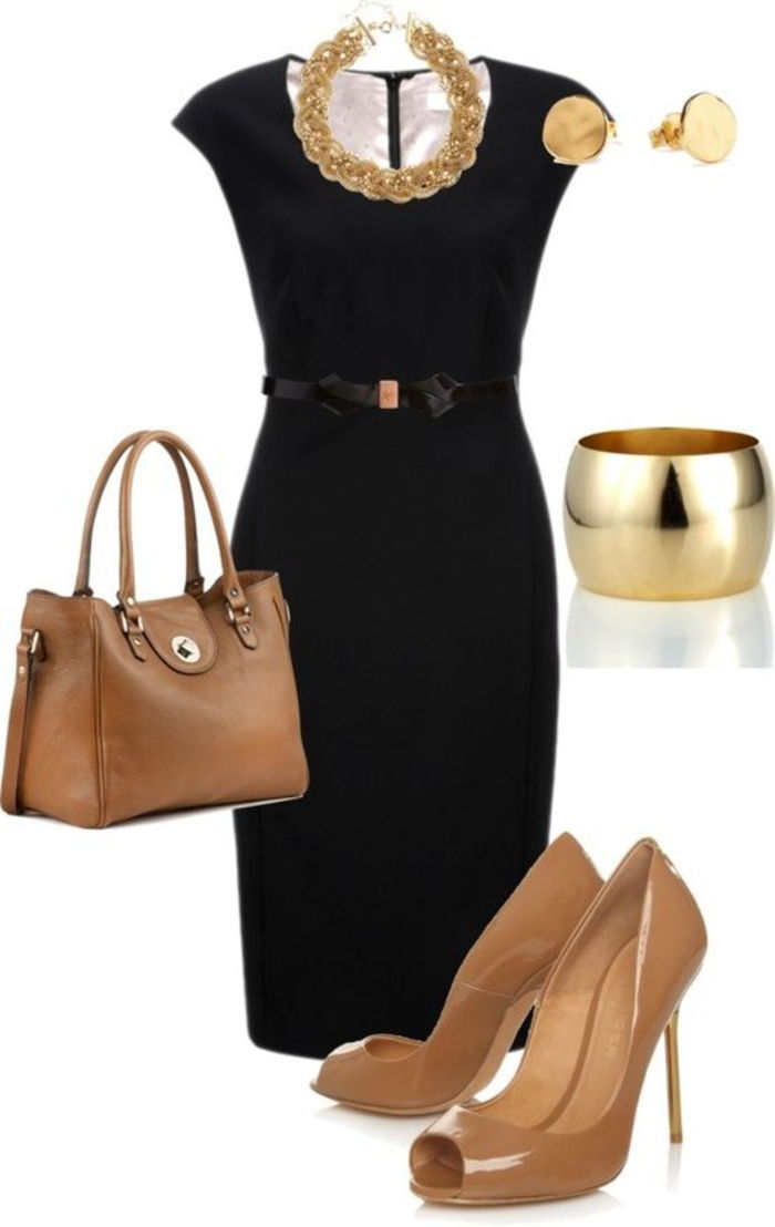 svart klänning, kombination med bruna, gyllene smycken, läderväska, pumpar