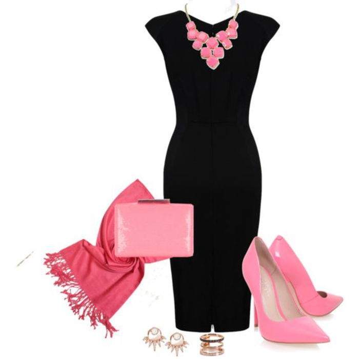 Svart kjole, kombinasjon med rosa, pumper og kobling, skjerf og gullsmykker
