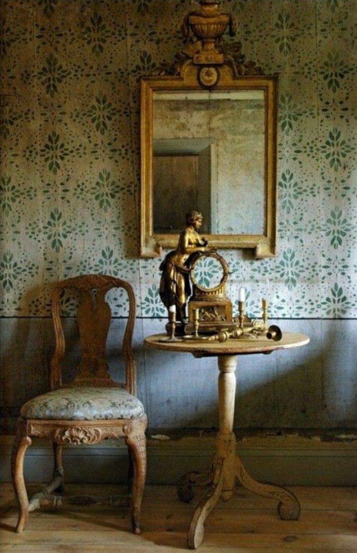 -Barroco-estilo sueco antique-ouro papel de parede bege-verde