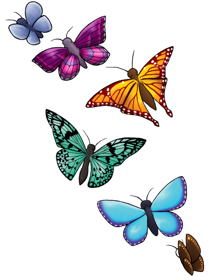 Her finner du forskjellige seks flygende sommerfugler - en blå, en gul, en grønn og en lilla ufliegender sommerfugl - ulike ideer for emnet 3d tatovering sommerfugl