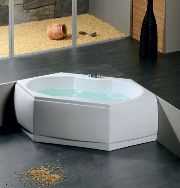 sexkantigt badkar design i vitt - badrum med glasväggar