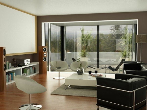 Labai kūrybingi pragyvenimo kambario pavyzdžiai - stiklo siena ir balta lizdinė staliukas