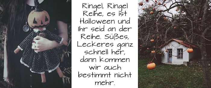 クールなハロウィーンの言葉 - ここでは、人形、小さな白い家、カボチャの2つの素晴らしいハロウィンの絵があります