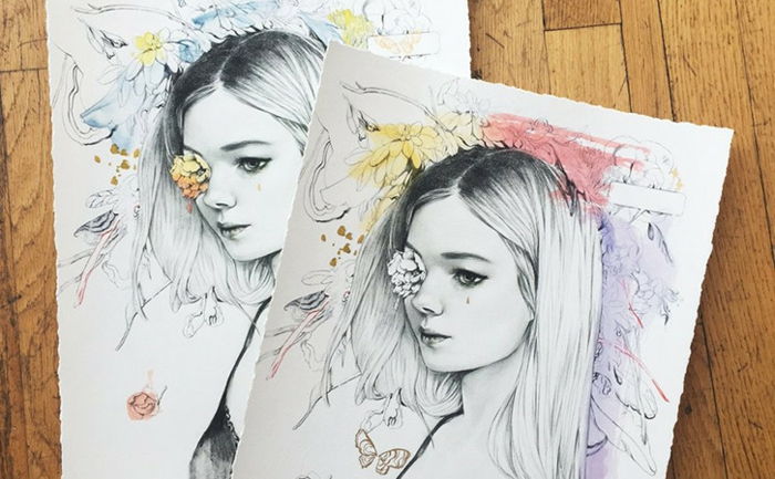 Selg kunst og utskrifter - to bilder av en blond jente, trykt i forskjellige farger