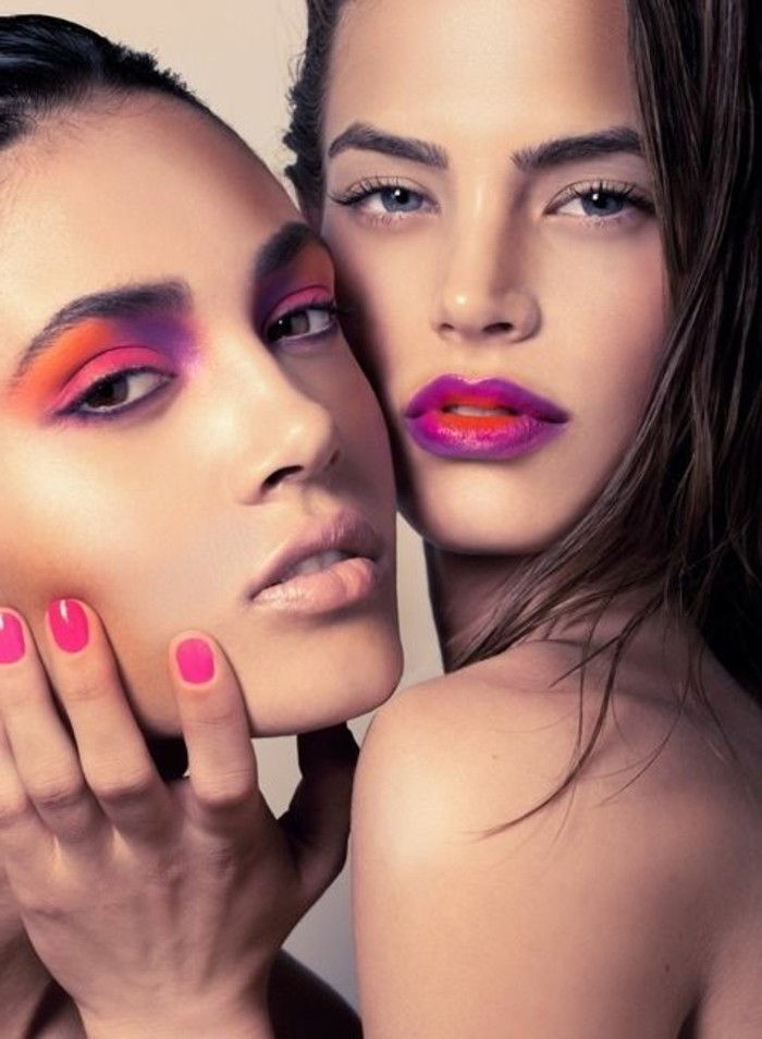 Silvester-make-up modeliai-kvailumas spalvų violetinė raudona-oranžinė spalvos nagai