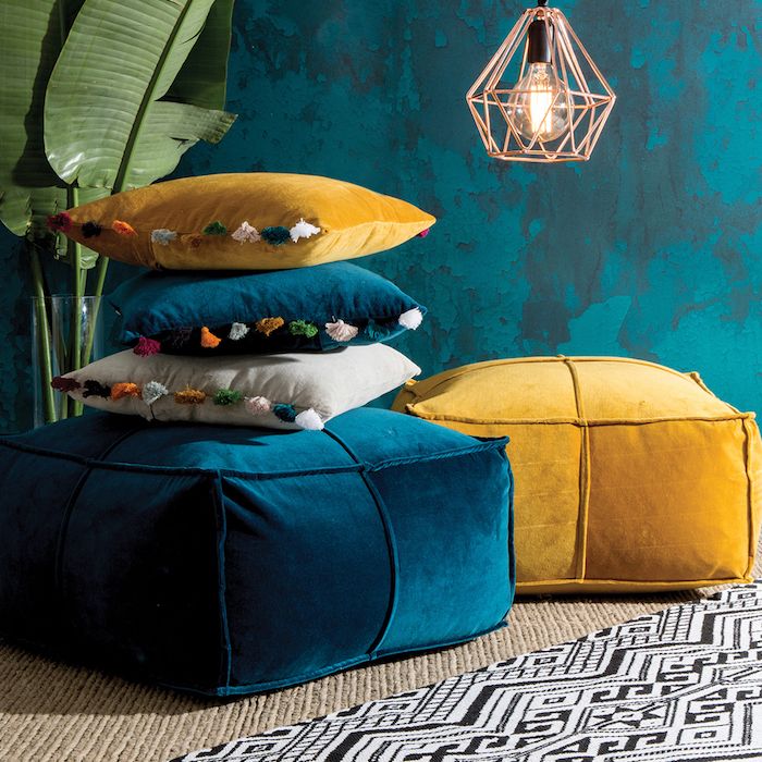 pufy wypełnienie poduszka lampa projektant pomysł realizacji kolorowe dekoracji pomysły niebiesko żółtym