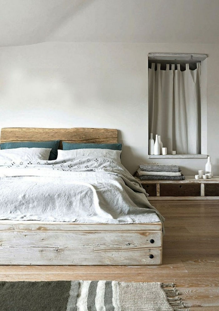 Skandinavski spalnica notranjosti rustikalni elementi postelje-of-EUR palet