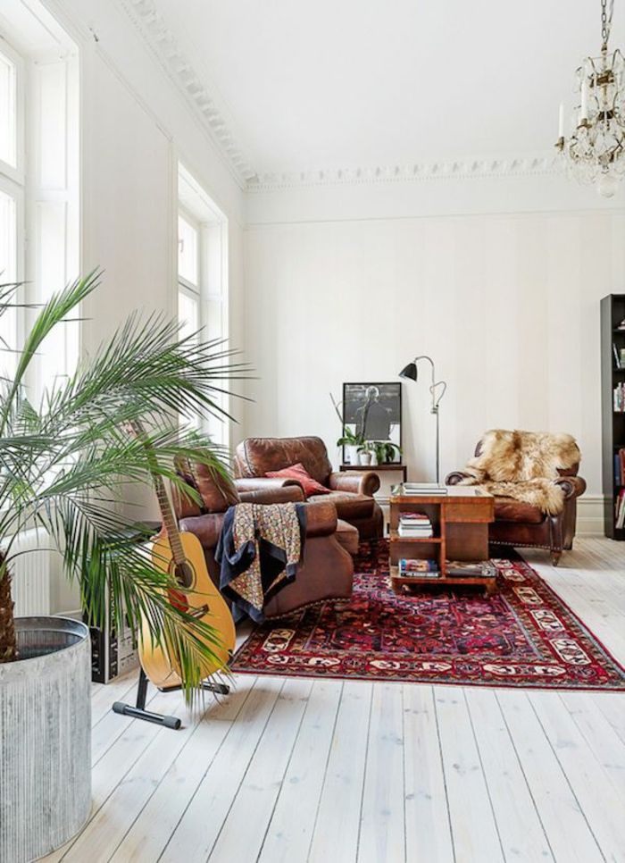 Scandinavian Sala Interier-vintage tapete planta em vaso guitarra acústica