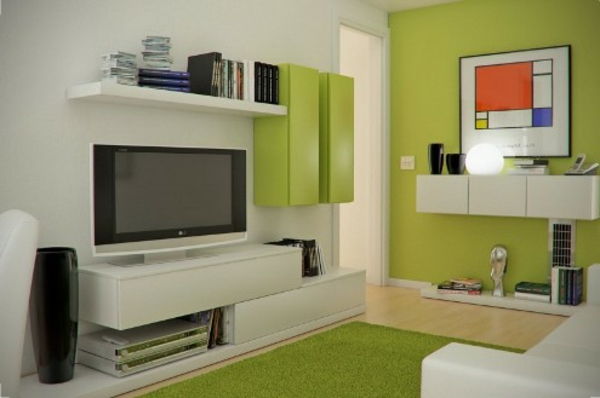 Vardagsrummet upprättat - vit och grön färg