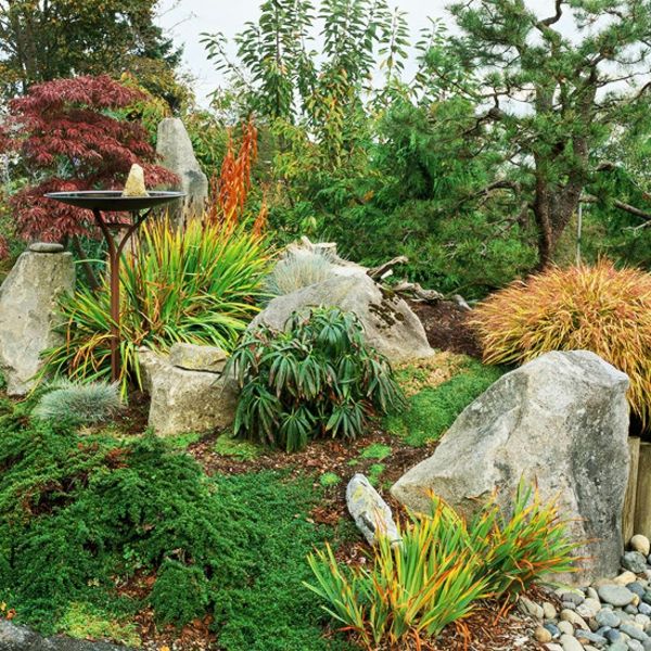 sodininkystė su akmenimis ir šviežiais augalais