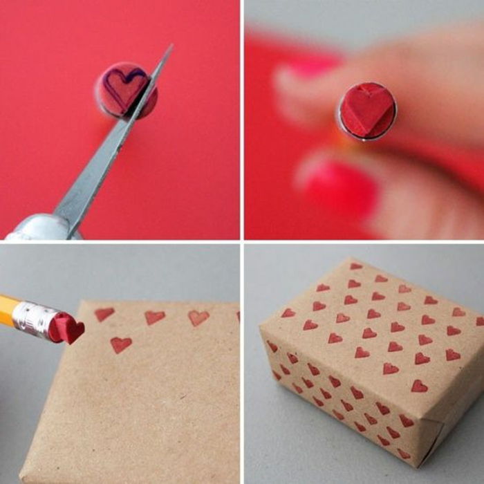 Designa din egen frimärke, suddgummi, hjärta, kniv, penna, förpackningspapper
