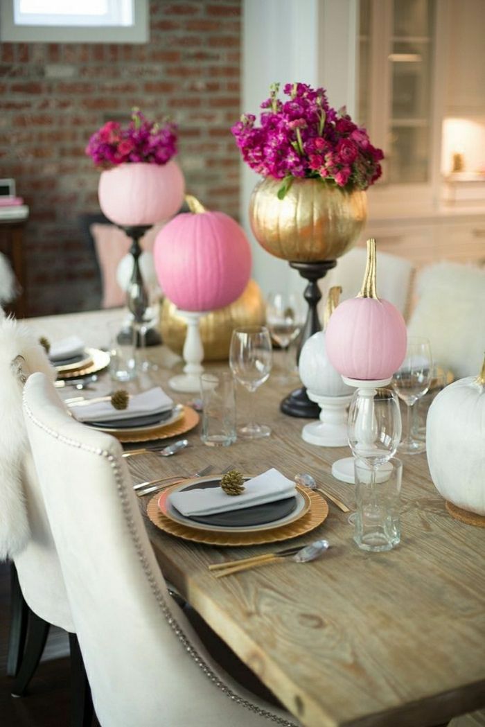 Štýlový stolové dekorácie tekvica maľovanie ružové odtiene, zlaté drevený Stader