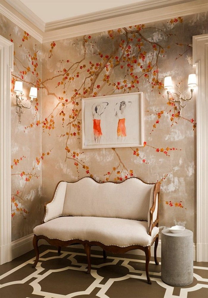 dormitor elegant, frumos-tapet-ciudat accente portocalii murala