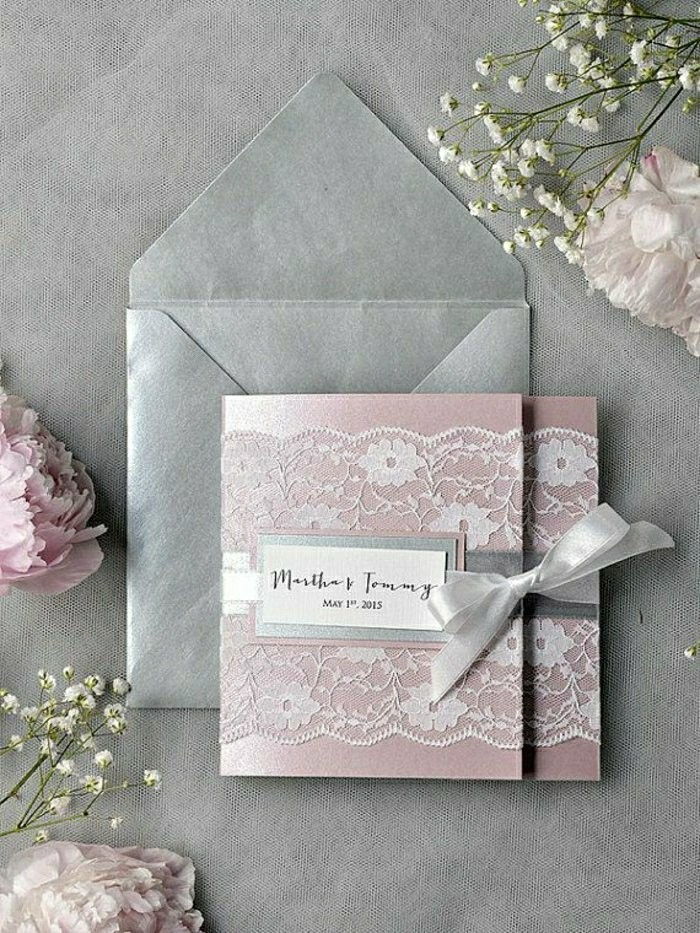 super-romantični model vabilo-poroka-roza-sivo-sijajni papir Lace Ribbon Flower potonike