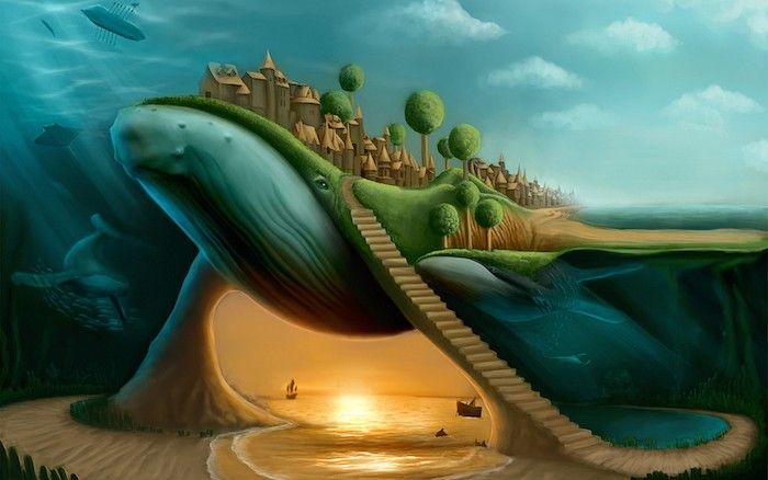 desenho surrealista, enorme criatura do mar, edifícios com telhados afiados