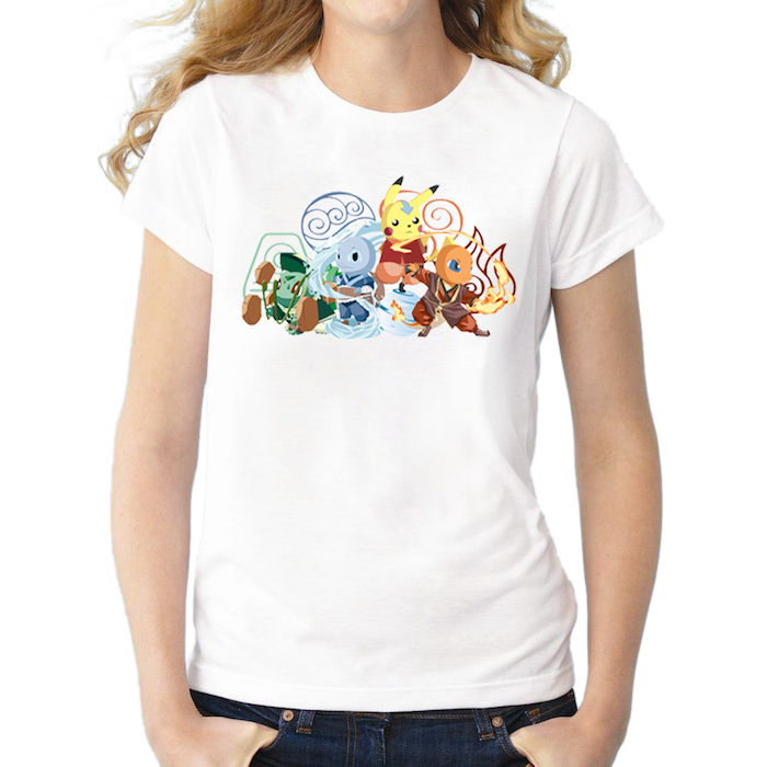 Heroes of Avatar - Print T-shirt와 같이 인기있는 Pokemons가있는 흰색 T 셔츠