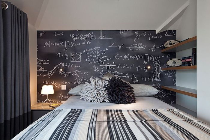 miegamasis, dažytas juodos spalvos dažais, ant kurio yra formulės ir matematikos užduotys