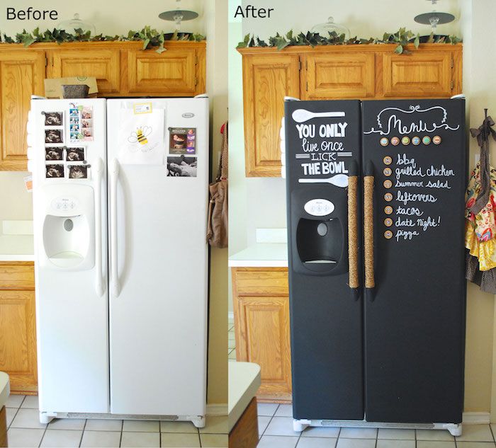 hladilnik pred in po tem, ko ste ga uredili s folijo iz črne barve