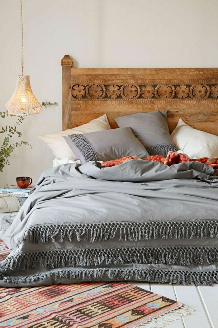 sprei grijs Elegant design boho tapijt houten bed ornamenten-interessante-knit Light Coffee Cup