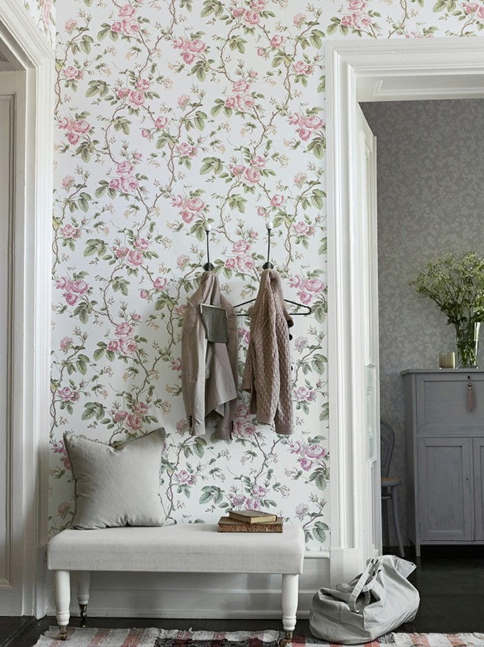 Duvar kağıdı-için koridor-pembe-çiçek-ve-yeşil yapraklar