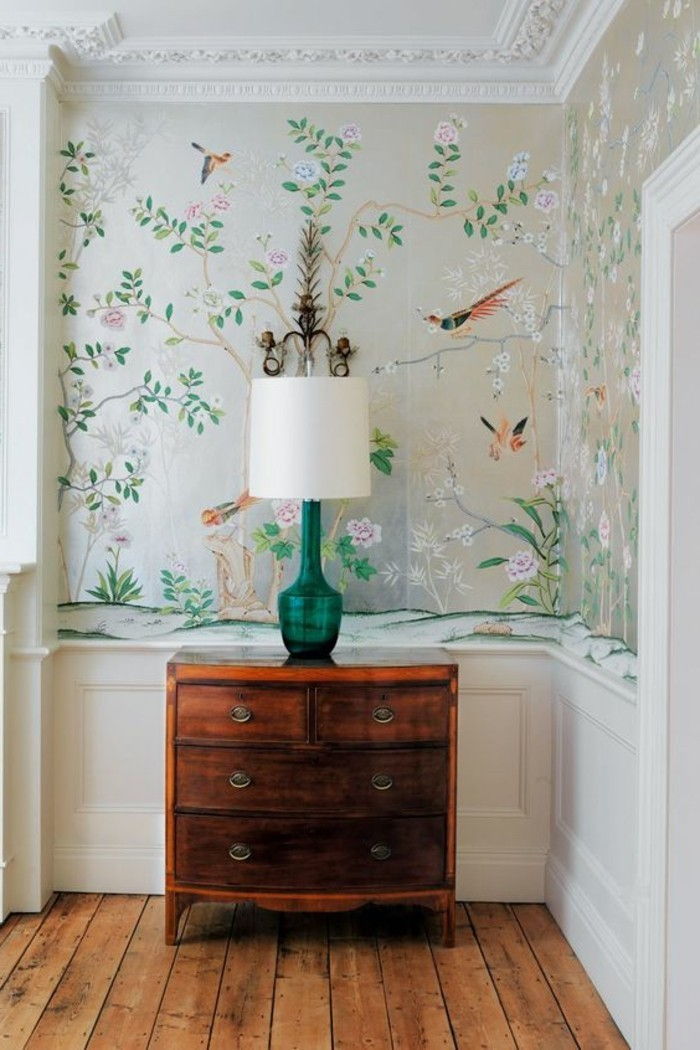 wallpaper-korridor-idéer-med-träd-and-fåglar mönster
