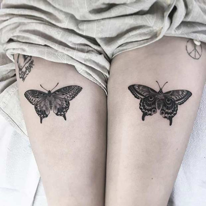 tatuaggio sulla coscia, tatuaggio sulle gambe, motivi del tatuaggio per le donne, farfalle