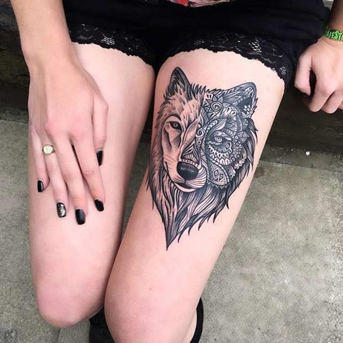 tetovanie na stehne, vlk, tetovanie na nohách, nápady na tetovanie pre ženy