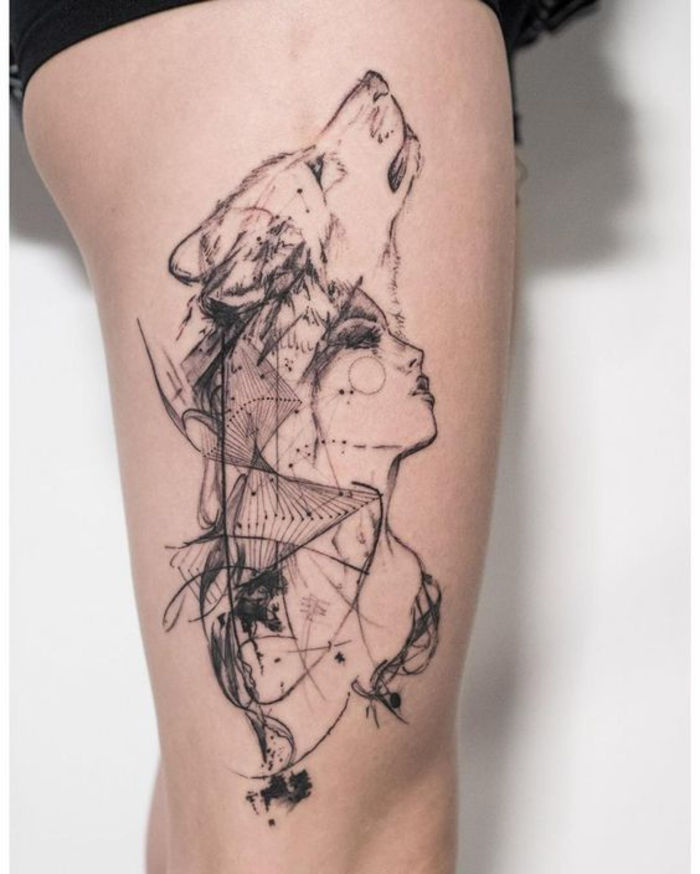 tetovanie na stehnách, vlk, žena, tetovanie na nohách, nápady na tetovanie