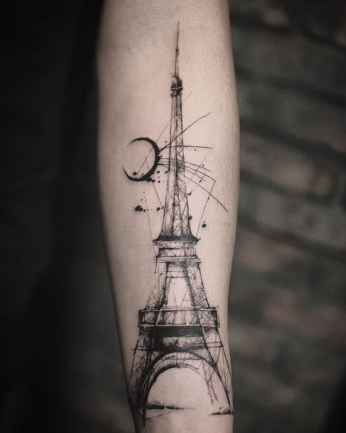 tatuaż na nodze, wieża eiffla, pomysły na tatuaż, tatuaż na łydce