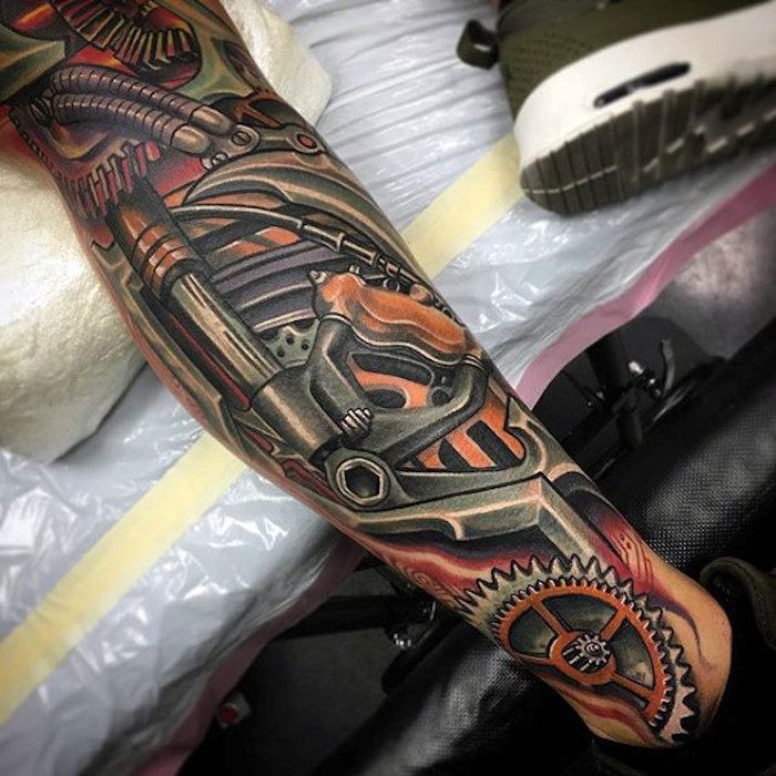 tattoo sjablonen mannen, realistische gekleurde tattoo op been