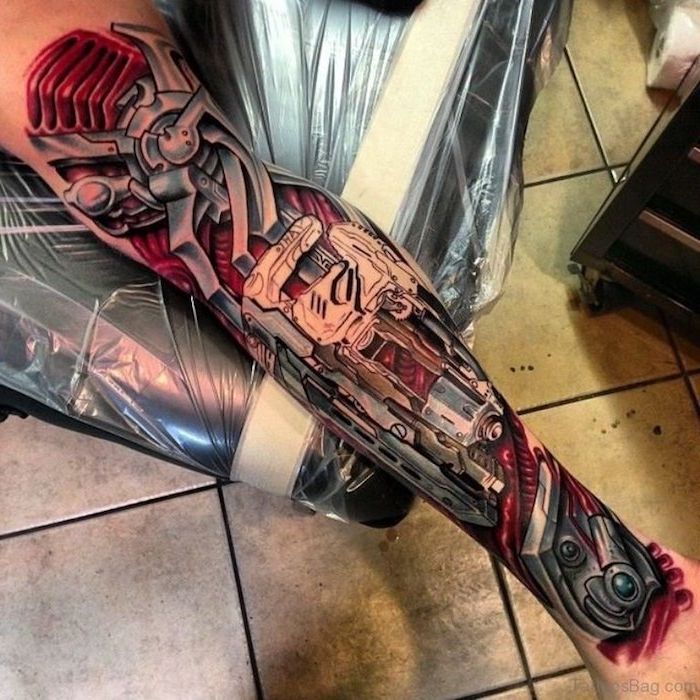 tattoo been, grote gekleurde 3d tatoeage, robot tatoeage