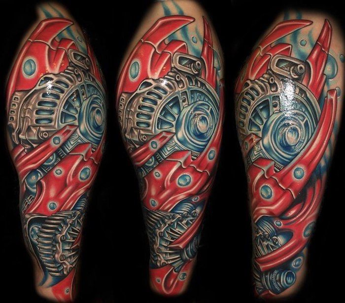 tattoo sjablonen mannen, grote gekleurde tatoeage op het been