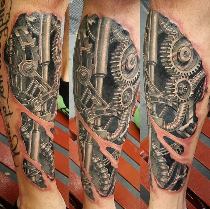 tattoo been, man tatoeage met machine-onderdelen, cyborg tattoo