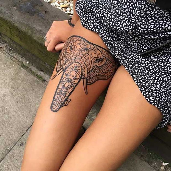 tatuering på låret, elefant, bentatuering, tatueringsmotiv för kvinnor