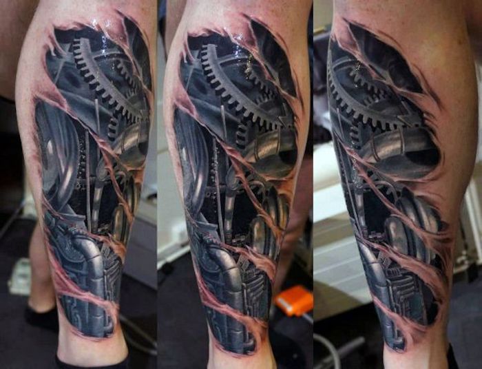 tattoo noga, moški s tridimenzionalnim tatoo z motivom robota