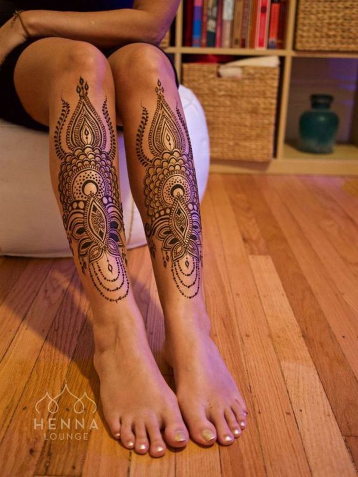 ben tatuering, henna, mandala, kvinnliga tatuering motiv
