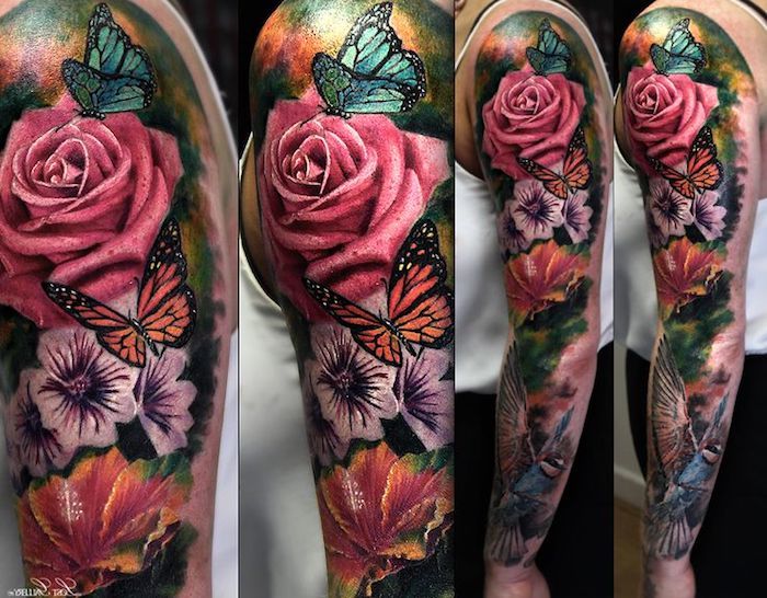 flori de tatuaj, tatuaj mare pe tot brațul, tatuaj cu maneci