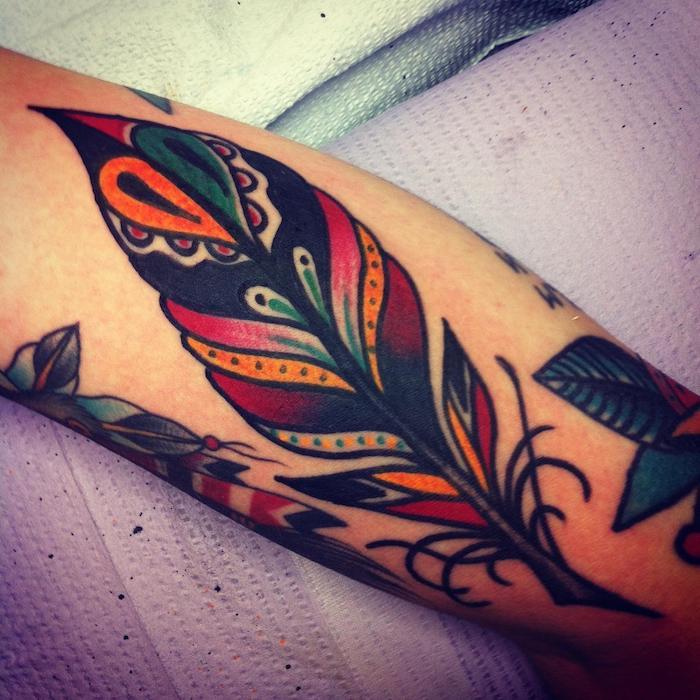 tatuaje cu pene, tatuaj colorat cu motiv de pene, tatuaj pentru picior