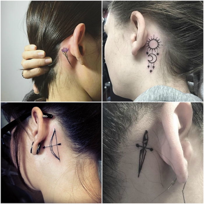 tetovažo za ušesnimi predlogami - štiri mlade ženske s tetovažami s črnim meči, vijolična vrtnica, belo sonce in pol luna