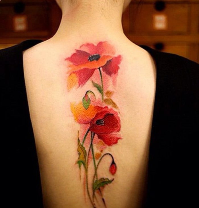 Moteriškos gėlių tatuiruotės, nugaros tatuiruotės, apatinės nugaros dalies apykaklė, moterų tatuiruotės motyvai